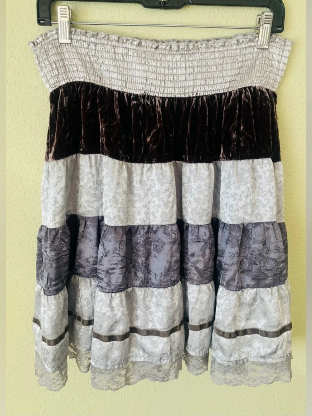 Free People Gray Tiers Silk Lace & Velvet Skirt Size: Medium